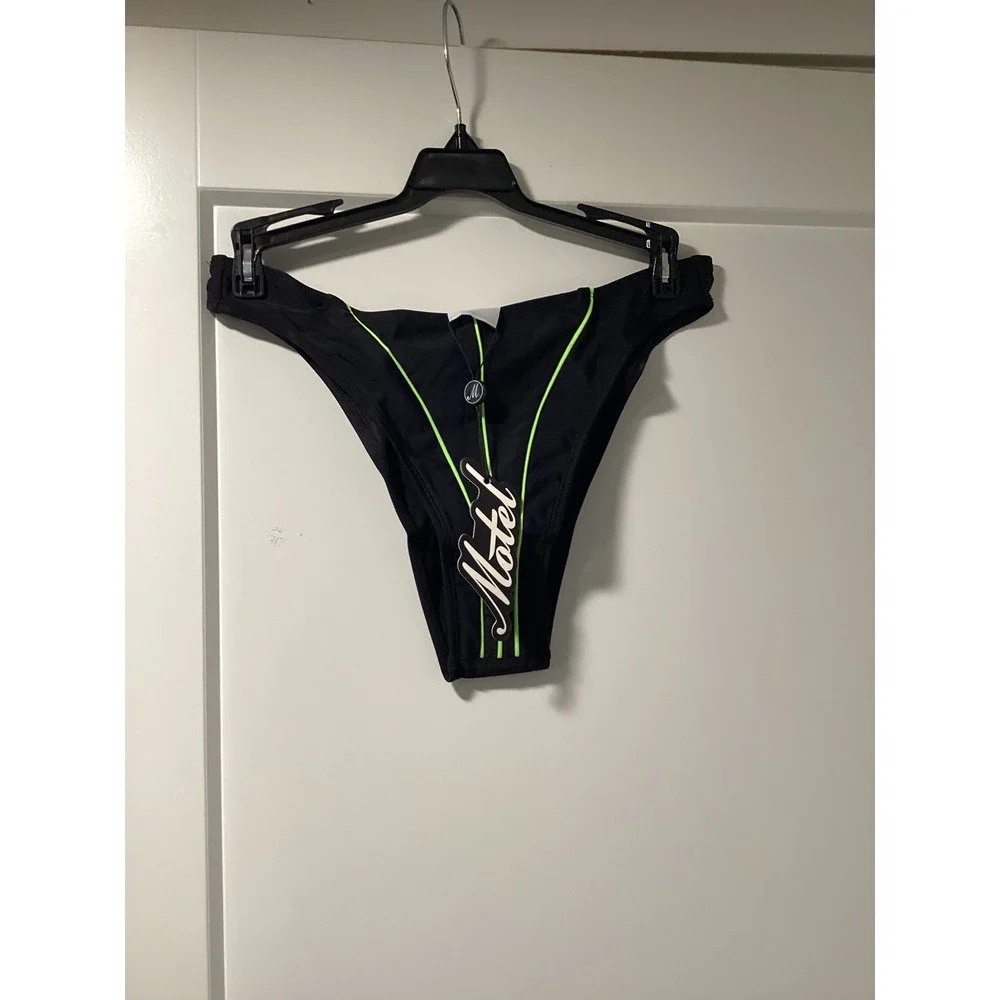 Motel Rocks Shielle Bikini Bottom Black‎ Neon Green Contrast Piping Small NEW